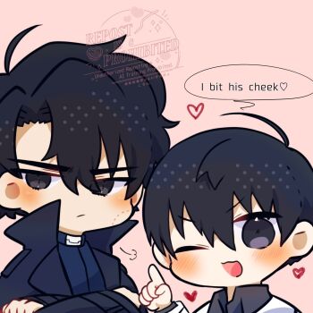 2boys ;d averting_eyes bite_mark bite_mark_on_face black_coat black_eyes black_hair black_shirt breath coat collared_shirt crossed_arms double-parted_bangs english_text hair_between_eyes highres kim_dokja kimidori_22 male_focus multiple_boys omniscient_reader&#039;s_viewpoint one_eye_closed open_clothes open_coat open_mouth pointing popped_collar shirt short_hair smile upper_body white_coat yaoi yoo_joonghyuk