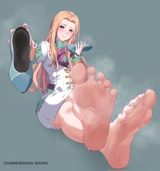1girl barefoot blonde_hair eiyuu_densetsu feet highres light_blush long_hair looking_at_viewer lucy_seiland miyamu parted_lips purple_eyes sen_no_kiseki_(series) shoes soles steam sweat toes unworn_shoes