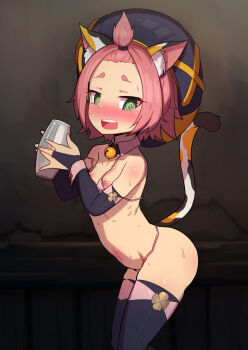 1girl animal_ears bell bikini blush breasts cat_ears cat_tail covered_erect_nipples diona_(genshin_impact) genshin_impact green_eyes hat highres jingle_bell leonat loli micro_bikini nipples pink_bikini pink_hair short_hair small_breasts string_bikini sweat swimsuit tail thighhighs