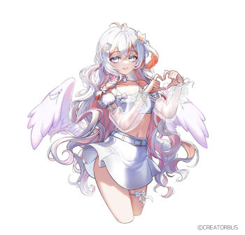 Rule 34 | 1girl, angel wings, antenna hair, bare shoulders, belt, breasts, character request, choker, crop top, cropped legs, feathered wings, grey eyes, heart, heart hands, hibiwa, highres, long hair, long sleeves, looking at viewer, medium breasts, midriff, miniskirt, multicolored hair, navel, one side up, open mouth, orange hair, see-through clothes, see-through sleeves, shirt, skirt, smile, solo, stomach, thighs, two-tone hair, v-lup, very long hair, virtual youtuber, white choker, white hair, white shirt, white skirt, wings