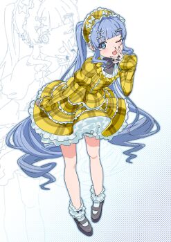 Rule 34 | 1girl, absurdres, blue eyes, blue hair, bone hair ornament, bonnet, dress, fang, frilled dress, frills, full body, gold dress, hair ornament, hashtag-only commentary, highres, jewelry, juliet sleeves, lolita fashion, long hair, long sleeves, mary janes, nail polish, official alternate costume, one eye closed, petticoat, plaid clothes, plaid dress, puffy sleeves, ring, shoes, simple background, skin fang, socks, solo, tamaata, twintails, very long hair, virtual youtuber, vspo!, white background, white socks, yano kuromu, yano kuromu (3rd costume), zoom layer