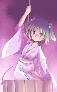 Rule 34 | 1girl, arm up, beads, blush, bucket, collarbone, commentary request, green eyes, hair beads, hair ornament, holding, holding rope, in bucket, in container, japanese clothes, kimono, kisume, medium hair, one-hour drawing challenge, purple background, rangycrow, rope, sash, sideways glance, smile, solo, touhou, twintails, white kimono, white sash