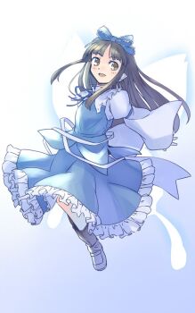 1girl :d black_hair blue_background blue_skirt blue_vest blush boots brown_eyes butterfly_wings commentary_request fairy fairy_wings frilled_skirt frills full_body gradient_background grey_boots hair_ribbon insect_wings long_hair long_sleeves one-hour_drawing_challenge open_mouth outstretched_arms petticoat pointy_ears rangycrow ribbon shirt sideways_glance skirt smile solo star_sapphire touhou vest white_shirt wings