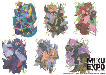 2boys 4girls :d absurdly_long_hair aqua_eyes aqua_hair arm_tattoo artist_name azolitmin belt black_belt black_boots black_sailor_collar black_shirt black_shoes black_shorts black_skirt black_sleeves blonde_hair blue_gloves blue_hair blue_pants blue_scarf boots bow bow_hairband breasts brooch brown_boots brown_hair character_name cleavage coat collared_shirt commentary company_name copyright_notice cropped_jacket detached_sleeves english_commentary full_body gloves grey_leg_warmers grey_shirt hairband hatsune_miku hatsune_miku_expo headset holding holding_megaphone instrument jacket jewelry kagamine_len kagamine_rin kaito_(vocaloid) keytar leg_warmers long_hair long_sleeves looking_at_viewer mask megaphone megurine_luka meiko_(vocaloid) microphone multiple_boys multiple_girls neckerchief necktie number_tattoo official_art open_mouth outstretched_arm pants pink_hair pleated_skirt red_jacket red_skirt sailor_collar scarf second-party_source shirt shoes shorts single_detached_sleeve skirt sleeveless sleeveless_shirt smile spiked_hair tattoo thigh_boots tie_clip tongue twintails very_long_hair vocaloid white_background white_bow white_coat white_hairband white_shirt white_shoes yellow_boots yellow_neckerchief yellow_necktie yellow_sleeves