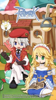 Rule 34 | 1boy, 1girl, :d, :o, ahoge, animal ears, beret, biolo (ragnarok online), black gloves, black necktie, black shoes, blonde hair, blue dress, blue eyes, breasts, cardinal (ragnarok online), cat ears, cleavage cutout, clothing cutout, coat, collared shirt, copyright notice, dress, eyes visible through hair, fake animal ears, fingerless gloves, food, frilled sleeves, frills, full body, gloves, green eyes, grey hair, hair between eyes, hat, high collar, highres, holding, holding map, house, light bulb, logo, long bangs, long hair, long sleeves, macaron, maid headdress, map, necktie, official art, official wallpaper, open clothes, open coat, open mouth, outdoors, pants, purple vest, ragnarok online, red coat, red hat, shirt, shoes, short hair, side slit, sitting, small breasts, smile, spoken light bulb, two-tone dress, very long hair, vest, wariza, white dress, white pants, white shirt, yuichirou