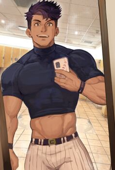 1boy bara belt blue_shirt broad_shoulders brown_eyes groin highres locker locker_room male_focus midriff mirror_selfie muscular muscular_arms muscular_male navel original pants purple_hair robokeh selfie shirt smirk solo tight_clothes tight_shirt white_pants wristband