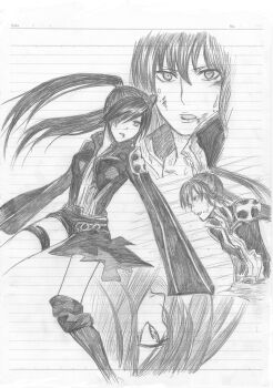 4girls armored_boots belt black_belt black_boots black_hair black_jacket black_shorts black_skirt blood blood_from_mouth boots breasts bruise clone collared_jacket cross d.gray-man derivative_work feet_out_of_frame floating_hair front_zipper graphite_(medium) greyscale hair_between_eyes hair_over_one_eye highres injury jacket ki126010 lenalee_lee long_hair long_sleeves looking_at_viewer looking_down looking_to_the_side looking_up medium_breasts miniskirt monochrome multiple_expressions multiple_girls parted_bangs parted_lips shorts sidelocks single_boot skirt sleeves_past_fingers sleeves_past_wrists striped_clothes striped_jacket thigh_strap thighs traditional_media twintails vertical-striped_clothes vertical-striped_jacket very_long_hair water water_drop wide-eyed zipper