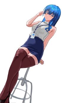 1girl armpit_crease black_shoes blue_eyes blue_hair blue_skirt blush breasts brown_thighhighs closed_mouth eyebrows_hidden_by_hair from_below gambar_sally highres hololive hoshimachi_suisei id_card lanyard looking_at_viewer medium_breasts medium_hair office_lady playing_with_own_hair shoes simple_background sitting skirt smile solo stool sweater thighhighs virtual_youtuber white_background white_sweater