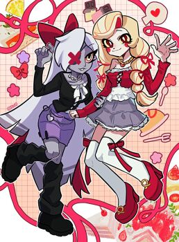 2girls :d alternate_costume angel black_boots black_shirt black_socks boots bow bow_legwear braid bright_pupils cake chain charlie_morningstar circle_facial_mark closed_mouth colored_sclera colored_skin colored_tips commentary_request crop_top cross-laced_clothes cross-laced_top fallen_angel flower food fork frilled_shirt frilled_skirt frills fruit full_body gold_necklace grey_hair grey_skin grey_skirt grid_background grin hair_bow hair_over_one_eye hair_over_shoulder hair_ribbon half-angel half-demon hand_on_another&#039;s_arm hand_up hazbin_hotel heart heart_necklace hellaverse high_heels hybrid_species jewelry jumping kneehighs knees_together_feet_apart korean_commentary lemon lemon_slice long_hair long_sleeves looking_at_viewer loose_socks michelin_(p0lo09) miniskirt multicolored_hair multiple_girls necklace nephalem omelet open_mouth orange_background outline petticoat pink_flower plate princess purple_flower purple_shorts red_bow red_eyes red_flower red_ribbon red_sclera red_shirt red_shoes ribbon shirt shoes shorts simple_background skirt smile socks spoken_heart spoon standing standing_on_one_leg strawberry_cake thighhighs twin_braids twitter_username two-tone_hair vaggie very_long_hair white_hair white_outline white_pupils white_shirt white_skin white_thighhighs yellow_eyes yellow_sclera zettai_ryouiki