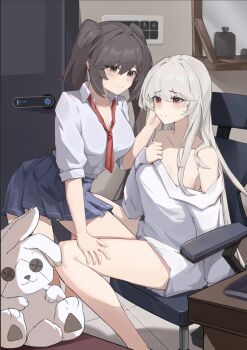 2girls artist_self-insert blue_skirt brown_eyes brown_hair chair chinese_commentary closed_mouth collared_shirt commentary_request hand_on_another&#039;s_face hand_on_another&#039;s_thigh highres indoors leg_between_thighs long_hair multiple_girls necktie on_chair original pink_eyes pleated_skirt red_necktie school_uniform shirt sitting skirt smile stuffed_toy sueba_(user_pfut8574) twintails white_hair white_shirt yuri