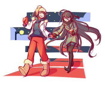 2girls ahoge alternate_costume black_hair black_scarf black_shoes black_thighhighs blue_hoodie boots brown_boots brown_hat closed_mouth commentary cup danganronpa_(series) danganronpa_another_episode:_ultra_despair_girls english_commentary eyelashes fukawa_toko full_body gift_art glasses green_eyes green_jacket hair_between_eyes hat high_heels holding holding_cup holding_hands hood hood_down hoodie jacket lamppost long_hair long_sleeves messy_hair mittens multiple_girls naegi_komaru night open_clothes open_jacket open_mouth outdoors pants path pom_pom_(clothes) purple_eyes purple_hair red_mittens red_pants road scarf shoes short_hair smile sxlentblue teeth thighhighs upper_teeth_only very_long_hair walking white_jacket winter_clothes