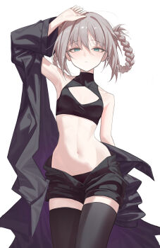 Rule 34 | 1girl, absurdres, aqua eyes, arm up, bare shoulders, black cloak, black shirt, black shorts, black thighhighs, braid, cleavage cutout, cloak, clothing cutout, commentary request, cowboy shot, crop top, grey hair, highres, looking at viewer, midriff, nanakusa nazuna (yofukashi no uta), navel, no, off shoulder, open fly, shirt, short hair, short shorts, shorts, simple background, solo, standing, stomach, thighhighs, thighs, white background, yaoyao (yoyo27456335489), yofukashi no uta