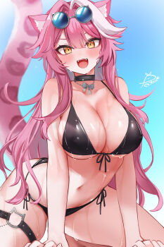1girl animal_ears bikini black_bikini black_choker blue_sky blush breasts choker covered_erect_nipples day festa11307070 hair_intakes hololive hololive_english huge_breasts long_hair looking_at_viewer navel open_mouth panther_ears panther_girl panther_tail pink_hair pink_tail raora_panthera signature sky smile solo stomach sunglasses swimsuit tail thighs virtual_youtuber yellow_eyes