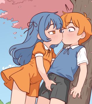 1boy 1girl all_the_fallen artist_name assertive_female black_ribbon black_shorts blue_eyes blue_hair blue_sky blue_sweater_vest blush bulge casytay chan_(all_the_fallen) cherry_blossoms day dress hair_ribbon hetero highres kiss kodomo_doushi kun_(all_the_fallen) loli long_hair orange_dress orange_eyes orange_hair outdoors puffy_short_sleeves puffy_sleeves ribbon shirt short_hair short_sleeves shorts shota sky sweater_vest tree white_shirt