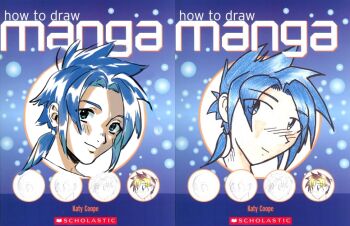 1boy aqua_eyes artist_name bad_id bad_twitter_id blue-haired_boy_(how_to_draw_manga) blue_background blue_hair blue_theme blush closed_mouth cover cover_page derivative_work english_text forehead hair_intakes hair_tie happy how_to_draw_manga how_to_draw_manga_redraw_challenge_(meme) juby katy_coope light_blush looking_at_viewer male_focus medium_hair meme multiple_views nose_blush ponytail portrait reference_work short_hair sidelocks sketch smile traditional_media