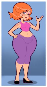 1girl absurdres bare_arms bare_hips bare_shoulders black_footwear border breasts crop_top curvy debs_turnbull full_body hand_on_own_hip high_heels highres kinggargantuas mature_female navel orange_hair robotboy simple_background solo thighs white_border wide_hips