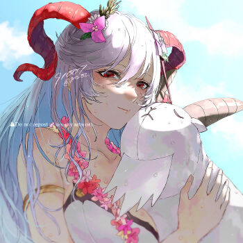 1girl 91007 bikini commentary_request curled_horns fire_emblem fire_emblem_heroes freyja_(fire_emblem) freyja_(summer)_(fire_emblem) goat_horns highres holding_floatie horns large_horns long_hair looking_at_viewer nintendo official_alternate_costume red_eyes red_horns swimsuit white_bikini