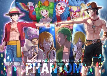 2girls 6+boys abs ann_(one_piece) arm_tattoo belt bikini bikini_top_only bird black_hair black_shorts blonde_hair blue_hair blue_shorts bow bracelet buggy_the_clown clenched_hand closed_eyes commentary_request copyright_name cross curly_eyebrows dj_parrot earrings elbow_pads eye_mask facepaint facial_hair feet_out_of_frame fist_bump glint goatee green_kimono hair_bow hat headphones highres japanese_clothes jewelry kimono log_pose long_hair long_nose long_sleeves looking_at_another makeup mask monkey_d._luffy multiple_boys multiple_girls mustache nakumonaga_uma nami_(one_piece) nami_(one_piece)_(return_to_sabaody) one_piece open_mouth orange_belt orange_hat parrot pink_hair portgas_d._ace pouch puggy red_nose red_shirt roronoa_zoro sash scar scar_across_eye scar_on_chest scar_on_face shirt short_hair shorts sideburns sidelocks single_elbow_pad smile straw_hat swimsuit sword tattoo thigh_pouch tongue tongue_out tony_tony_chopper topless_male twintails twitter_username usopp weapon yellow_sash