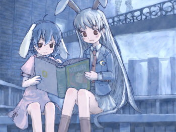 4girls animal_ears book female_focus highres inaba_tewi izayoi_sakuya kirisame_marisa library multiple_girls necktie open_book patchouli_knowledge rabbit_ears reading reisen_udongein_inaba sharing skirt touhou voile