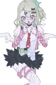 1girl angels_of_delusion arm_warmers bandaid bandaid_hair_ornament black_choker black_skirt blush choker collared_shirt commentary_request cowboy_shot earrings fur-trimmed_skirt fur_trim green_eyes green_hair hair_ornament highres jewelry looking_at_viewer mattya_coffee multiple_hair_clips multiple_thigh_straps musical_note_earrings necktie pink_arm_warmers pink_bag red_necktie shirt skirt striped_arm_warmers sunna_(zenless_zone_zero) sweat thigh_strap white_background white_shirt white_wings wings zenless_zone_zero