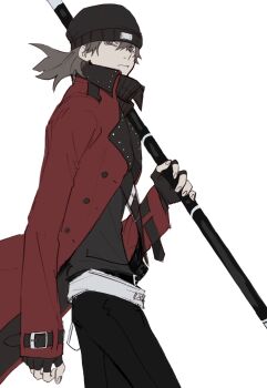 Rule 34 | 1boy, aakaaka78910, aragaki shinjirou, beanie, black cat, black gloves, black pants, black shirt, brown eyes, brown hair, cat, coat, collared coat, commentary request, fingerless gloves, floating hair, gloves, hair between eyes, hat, highres, holding, holding weapon, long sleeves, looking to the side, male focus, medium hair, pants, persona, persona 3, red coat, shirt, sideways glance, simple background, solo, weapon, white background