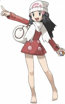 1girl ai-assisted bag bare_legs barefoot beanie blue_hair coat dawn_(pokemon) feet hat nintendo official_art pointing pokemon pokemon_dppt scarf self-upload simple_background skirt third-party_edit toes white_background winter_clothes winter_coat