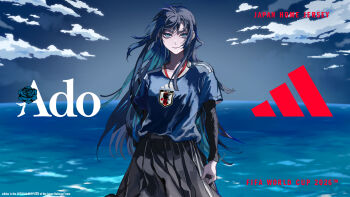 Rule 34 | 1girl, 2026 fifa world cup, adidas, ado (utaite), black shirt, black skirt, blue eyes, blue hair, blue shirt, chando (ado), closed mouth, cloud, commentary request, highres, long hair, mole, mole under eye, official art, orihara (ewkkyorhr), purple eyes, second-party source, shirt, skirt, solo, utaite, world cup