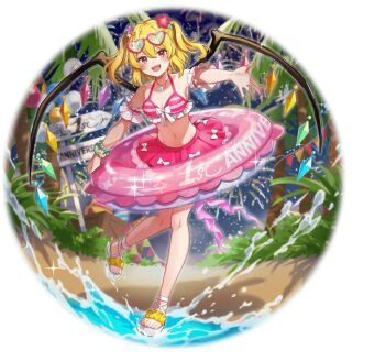 1girl alternate_costume artist_request beach bikini blonde_hair blush breasts cleavage crystal crystal_wings eyewear_on_head flandre_scarlet flower frilled_bikini frills full_body game_asset glasses hair_between_eyes hair_flower hair_ornament heart heart-shaped_eyewear innertube jewelry looking_at_viewer medium_breasts medium_hair multicolored_wings necklace non-web_source ocean official_art open_mouth palm_tree pendant pink_bikini red_eyes ribbon self-datamine shinishi_chiho simple_background smile solo swim_ring swimsuit touhou touhou_arcadia_record transparent_background tree twintails water wings wristband