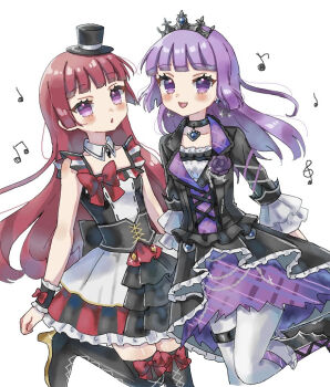 2girls :d aikatsu! aikatsu!_(series) aikatsu!_x_pripara_the_movie_-deai_no_kiseki!- aki_(akinyaaaaa) black_boots black_choker black_corset black_dress black_jacket blunt_bangs boots bow choker commentary_request corset crossover dress genre_connection hat high_heel_boots high_heels hikami_sumire hojo_sophy idol_clothes jacket long_hair looking_at_viewer mini_hat mini_top_hat multiple_girls musical_note open_mouth pantyhose pretty_series pripara purple_dress purple_eyes purple_hair red_bow red_hair short_dress smile standing standing_on_one_leg thigh_strap top_hat white_pantyhose