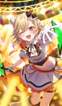 1girl absurdres blonde_hair blush commentary_request crown earrings facial_mark frilled_skirt frills gloves highres holding holding_microphone jewelry komori_met leg_warmers looking_at_viewer microphone mini_crown navel one_eye_closed open_mouth pink_eyes piyoyanagi short_sleeves skirt solo teeth thigh_strap virtual_youtuber vspo! white_gloves