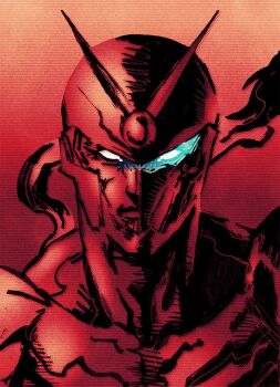 1boy commentary english_commentary fusion gradient_background gray_fox_(metal_gear) helmet highres looking_at_viewer metal_gear_(series) metal_gear_solid muscular muscular_male red_theme scarf shinkawa_youji_(style) teoft viewtiful_joe viewtiful_joe_(character) white_eyes