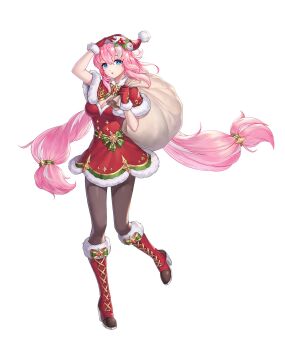 1girl arm_up artist_request black_pantyhose blue_eyes boots bow breasts brooch capelet christmas cleavage commentary commentary_request dress dress_ribbon english_commentary footwear_bow full_body fur-trimmed_boots fur-trimmed_dress fur-trimmed_gloves fur-trimmed_headwear fur_trim gem gloves green_bow green_ribbon hair_ornament hand_on_headwear hand_up hat high_heel_boots high_heels highres holding holding_sack holly_hair_ornament jewelry king&#039;s_raid korean_commentary long_hair medium_breasts mixed-language_commentary neck_ribbon official_alternate_costume official_art pantyhose pink_hair red_boots red_capelet red_dress red_gemstone red_gloves red_hat ribbon sack santa_costume santa_dress santa_hat second-party_source shea simple_background solo strapless strapless_dress striped_bow striped_ribbon twintails very_long_hair white_background white_fur white_hair white_streaks yellow_bow yellow_ribbon