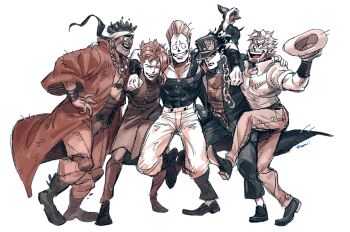 5boys ^_^ boots buttons closed_eyes coat dog full_body gakuran group_picture hat hug iggy_(jojo) jacket jean_pierre_polnareff jewelry jojo_no_kimyou_na_bouken joseph_joestar kakyoin_noriaki kotteri kuujou_joutarou leg_up looking_at_viewer mohammed_avdol multiple_boys necklace pants partially_colored school_uniform shoes short_hair smile