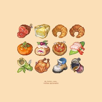 aseprite_(medium) bamboo boned_meat bread butter cake can cartoon_bone chicken_(food) commentary cosmic_luna croissant english_commentary food food_focus meat no_humans open_can original pixel_art shoes shrimp sushi swiss_roll tomato