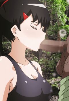 1boy 1girl age_difference aged_up animated animated_gif black_hair blush breasts censored closed_eyes fellatio kosokosomaru_(higashi_taishi) looking_at_viewer medium_breasts mosaic_censoring old old_man open_mouth oral original penis ponytail pov side_ponytail size_difference swimsuit tongue