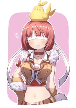 1girl animal animal_on_head armband bandam bird bird_on_head blindfold breasts brown_gloves brown_shirt closed_mouth commentary_request crop_top fur-trimmed_gloves fur-trimmed_shirt fur_trim gloves highres medium_breasts midriff navel on_head purple_background ragnarok_online ragnarok_origin red_hair shirt short_hair sleeveless sleeveless_shirt smile sniper_(ragnarok_online) solo two-tone_background upper_body white_background