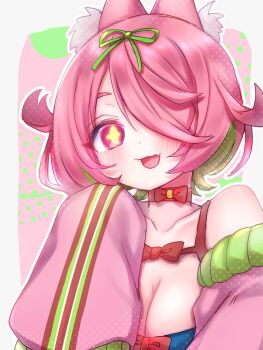 Rule 34 | 1girl, animal ear fluff, animal ears, azuchi momo, azuchi momo (1st costume), bare shoulders, blush, bow, bow choker, breasts, choker, cleavage, collarbone, colored inner hair, fang, flipped hair, green hair, green ribbon, hair over one eye, hair ribbon, hanagasa arumi, hand up, highres, jacket, large breasts, long sleeves, looking at viewer, multicolored hair, nijisanji, one eye covered, open mouth, parted bangs, pink eyes, pink hair, pink jacket, pink sleeves, red bow, red choker, ribbon, short hair, skin fang, sleeves past fingers, sleeves past wrists, smile, solo, star-shaped pupils, star (symbol), symbol-shaped pupils, two-tone hair, upper body, virtual youtuber, yellow pupils