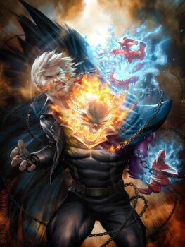 2boys beard black_gloves black_jacket black_pants blonde_facial_hair blonde_hair blue_fire chain clenched_teeth comic_cover commentary covered_abs cowboy_shot dual_persona english_commentary facial_hair fingerless_gloves fire flaming_skull floating_hair ghost_rider ghost_rider_(series) gloves highres jacket johnny_blaze kunkka leather leather_jacket looking_to_the_side male_focus marvel multiple_boys muscular muscular_male official_art one_eye_closed pants possessed red_eyes short_hair skeleton skull teeth zarathos