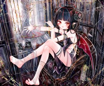 1girl a1u absurdres barefoot black_hair black_horns commentary_request demon_girl demon_horns demon_wings earrings feet halo highres horns jewelry looking_at_viewer no_shoes open_mouth original pointy_ears red_eyes red_hair red_halo red_wings revision silk soles solo spider_web stirrup_legwear toeless_legwear toes wings