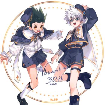 Rule 34 | 2boys, alternate costume, arm up, beer611gold, black boots, black shoes, blue eyes, blush, boots, bow, bowtie, buttons, dated, feet out of frame, frilled sleeves, frills, full body, gon freecss, green hair, hat, highres, hunter x hunter, killua zoldyck, legwear garter, long sleeves, male focus, multiple boys, neck ribbon, numbered, open mouth, ribbon, shoes, short hair, shorts, simple background, socks, teeth, white background, white hair, white socks