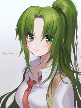 1girl bad_id bad_twitter_id blush breasts green_eyes green_hair highres higurashi_no_naku_koro_ni looking_at_viewer medium_breasts necktie parted_bangs ponytail portrait red_necktie shirt smile solo sonozaki_mion unxi white_shirt