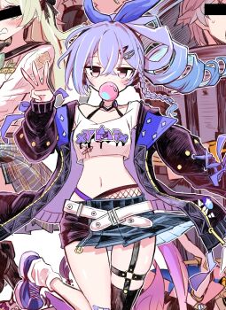 6sakuu bandaid bandaid_on_leg bar_censor belt black_jacket blowing_bubbles blue_hair blue_ribbon blush bra_strap braid breasts censored censored_identity chewing_gum commentary_request crop_top crossed_bangs drill_hair firefly_(honkai:_star_rail) firefly_(spring_missive)_(honkai:_star_rail) fishnet_thighhighs fishnets garter_straps hair_between_eyes hair_ornament hair_ribbon hairclip high_ponytail highres honkai:_star_rail honkai_(series) jacket long_hair long_sleeves looking_at_viewer loose_socks midriff miniskirt multicolored_hair multiple_girls navel open_clothes open_jacket plaid_clothes plaid_skirt pleated_skirt ponytail purple_hair ribbon shirt shoes silver_wolf_(honkai:_star_rail) silver_wolf_(samsung)_(honkai:_star_rail) single_sock single_thighhigh skirt sneakers socks standing standing_on_one_leg stomach thigh_strap thighhighs virtual_youtuber w white_belt white_shirt