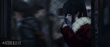 1girl artist_name ateri_illust blurry blurry_background cigarette city crowd depth_of_field hand_grip holding_hand_grip jill_stingray long_hair night outdoors twintails twitter_username va-11_hall-a