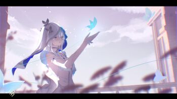 1girl absurdres armlet artist_logo blue_butterfly blue_hair blue_veil breasts bug butterfly chromatic_aberration commentary commentary_request dress english_commentary grey_sky hand_up highres insect jewelry letterboxed logo long_hair medium_breasts mixed-language_commentary outdoors partial_commentary quragenomiken shorekeeper_(wuthering_waves) sky solo two-tone_veil upper_body veil white_dress white_veil wuthering_waves