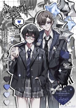 1boy 1girl black_eyes black_hair black_jacket black_necktie black_pants blunt_bangs brown_hair closed_mouth collared_shirt commentary commission cowboy_shot double-parted_bangs grey_skirt highres holding_hands instagram_username jacket kaminoq long_sleeves necktie open_clothes open_jacket original pants parted_bangs plaid_clothes plaid_skirt pleated_skirt purple_necktie shirt short_hair signature skirt smile striped_clothes striped_necktie twitter_username white_shirt