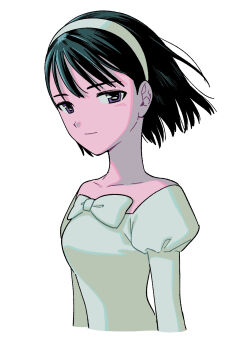 Rule 34 | 1girl, alien stage, arms at sides, bare shoulders, black hair, bow, bowtie, breasts, closed mouth, collarbone, commentary request, cropped torso, faux retro artstyle, hair behind ear, hairband, half-closed eyes, highres, juliet sleeves, long sleeves, looking at viewer, menma (enaic31), off-shoulder shirt, off shoulder, puffy sleeves, purple eyes, shirt, short hair, simple background, small breasts, smile, solo, sua (alien stage), traditional bowtie, tsurime, white background, white bow, white bowtie, white hairband, white shirt, wind