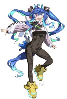 1girl @_@ adapted_costume ahoge animal_ears aqua_hair black_nails blue_eyes blue_hair bodysuit bodysuit_under_clothes boots bow brown_bodysuit chest_strap cropped_hoodie crossed_bangs full_body hair_between_eyes hair_bow heterochromia highres hood hoodie horse_ears horse_girl horse_tail long_hair long_sleeves looking_at_viewer multicolored_hair nail_polish oono_tsutomu open_mouth purple_eyes sharp_teeth sidelocks simple_background solo standing standing_on_one_leg striped_bow stuffed_animal stuffed_rabbit stuffed_toy tail teeth twin_turbo_(umamusume) twintails two-tone_hair umamusume upper_teeth_only v-shaped_eyebrows very_long_hair white_background white_hoodie yellow_boots