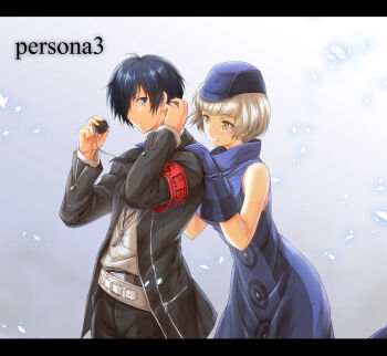 Rule 34 | 1boy, 1girl, armband, bare shoulders, blue eyes, blue hair, mp3 player, dress, elizabeth (persona), gekkoukan high school uniform, gloves, hair over one eye, hat, headphones, itouei, jacket, looking at another, persona, persona 3, ribbon, school uniform, shirt, short hair, sleeveless, smile, white hair, yellow eyes, yuuki makoto (persona 3)