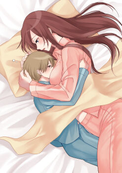 1boy 1girl absurdres age_difference bed_sheet between_breasts blanket blonde_hair blue_eyes blue_pajamas blush breast_smother breasts face_between_breasts face_to_breasts head_between_breasts highres long_hair lying medium_breasts midriff_peek on_side onee-shota original pajamas pillow pink_pajamas red_eyes red_hair shared_bed short_hair shota sleeping_together sweatdrop under_covers yuuki_mero