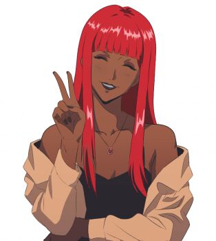 1girl 2025 beige_jacket blunt_bangs blush breasts brown_eyeshadow brown_lips chromatosedev cleavage closed_eyes collarbone commentary dark-skinned_female dark_skin english_commentary facing_viewer female_focus game_cg grin happy head_tilt jewelry long_hair maria_(sucker_for_love) medium_breasts necklace off_shoulder official_art red_hair simple_background smile solo straight_hair sucker_for_love sucker_for_love:_crush_landing v white_background